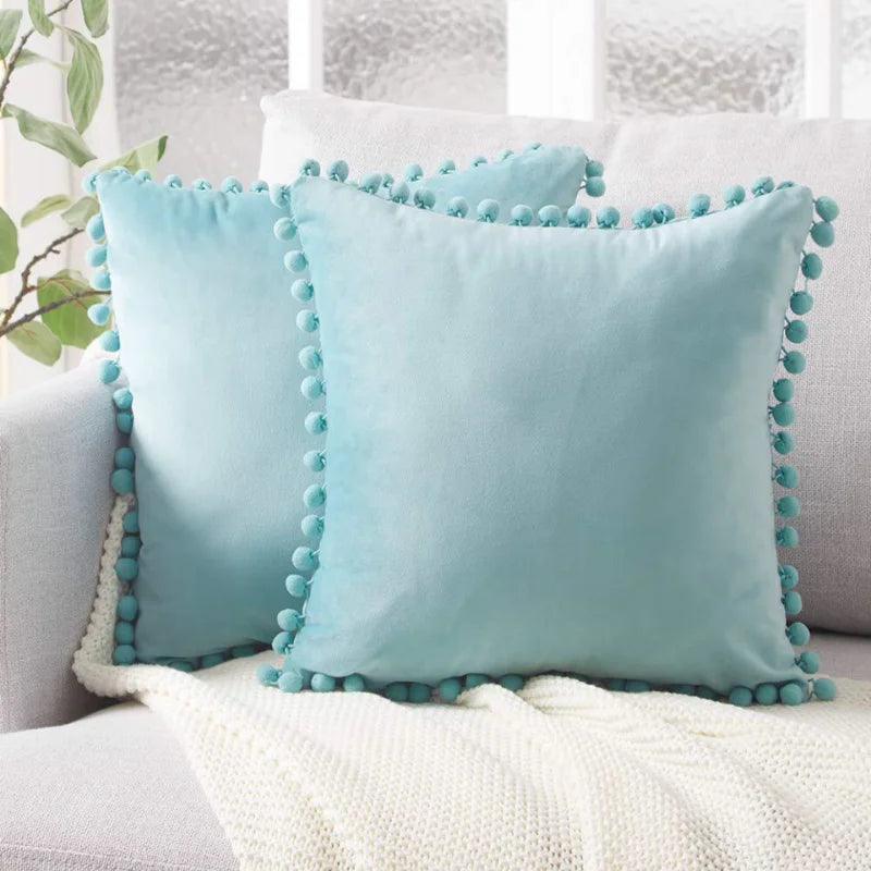 Cushion Pillowslip Soft Velvet Decorative Cushion with Ball Home Decor for Sofa Set Bedroom Pillowcase Blue Pink Pillow