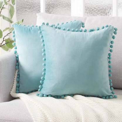 Soft Velvet Decorative Cushion Cover with Pom-Pom Ball – Sofa & Bedroom Pillowcase Blue Pink