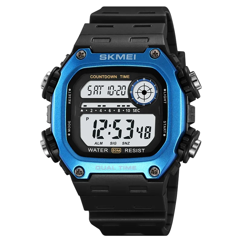 Digital watch with blue and black design on a white background