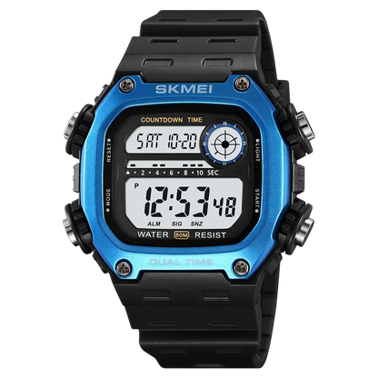Digital watch with blue and black design on a white background