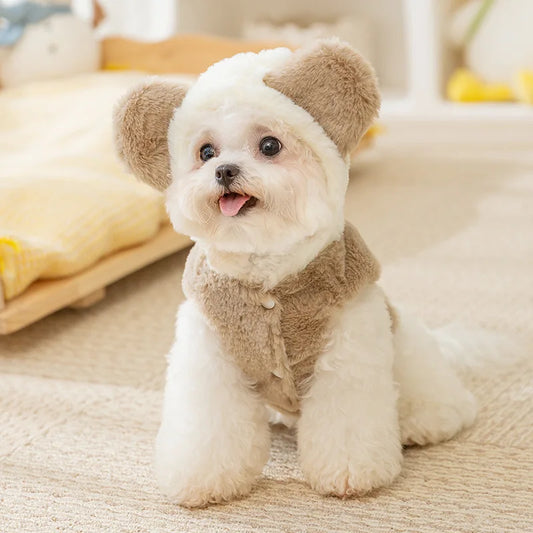 Cozy Fleece Dog Coat - Bear-Design Winter Jacket for Small Breeds