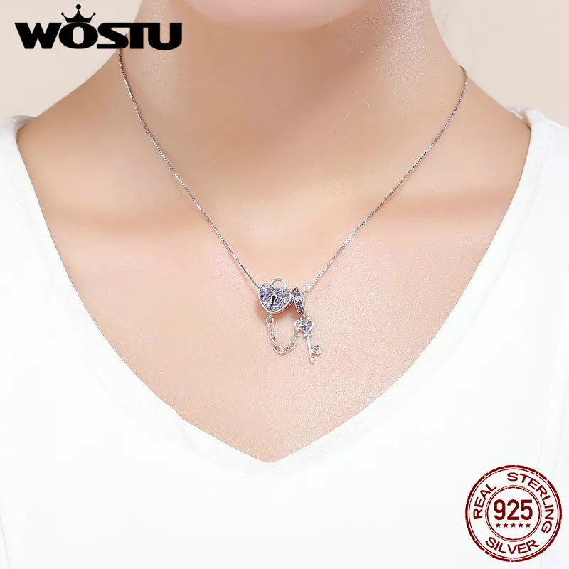 WOSTU 925 Sterling Silver Amimal Safety Chain Heart Key Flower Pendant CZ Charms Stopper Fit Original Bracelet DIY Fine Jewelry