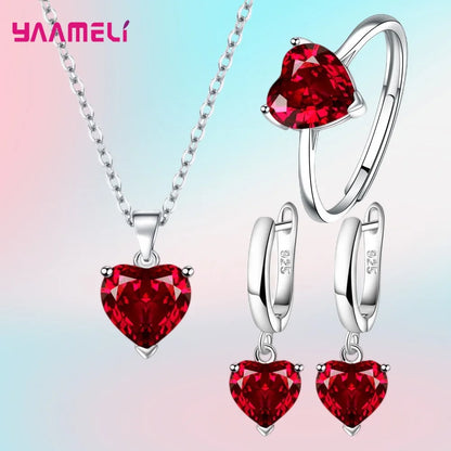 Heart Zircon Jewelry Set – Huggie Earrings, Pendant Necklace & Ring for Women
