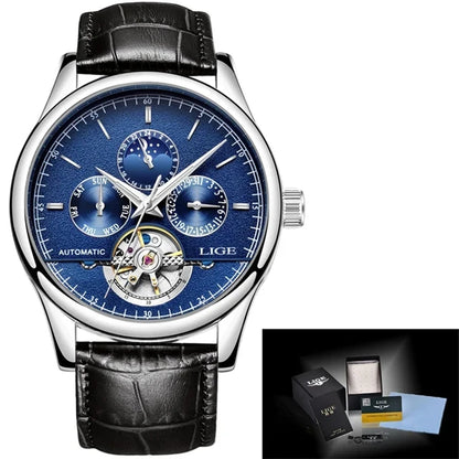 Luxury watch with blue dial and black leather strap, featuring the brand 'LIGE'.