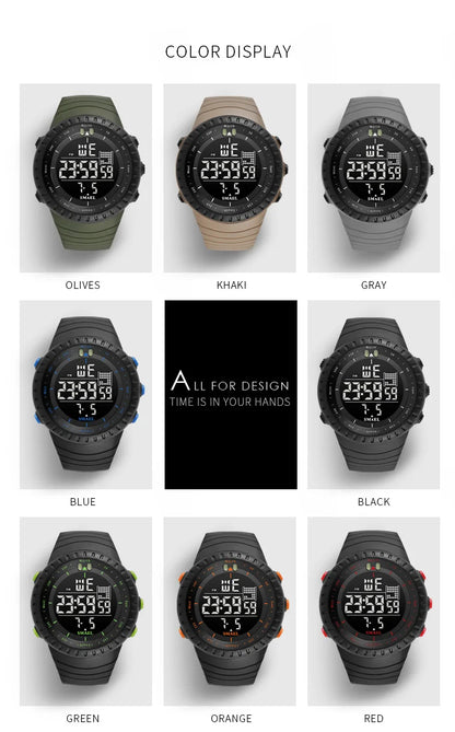 Men's Digital Military Sport Watch – Waterproof, Big Dial, Tactical Black, Stopwatch
