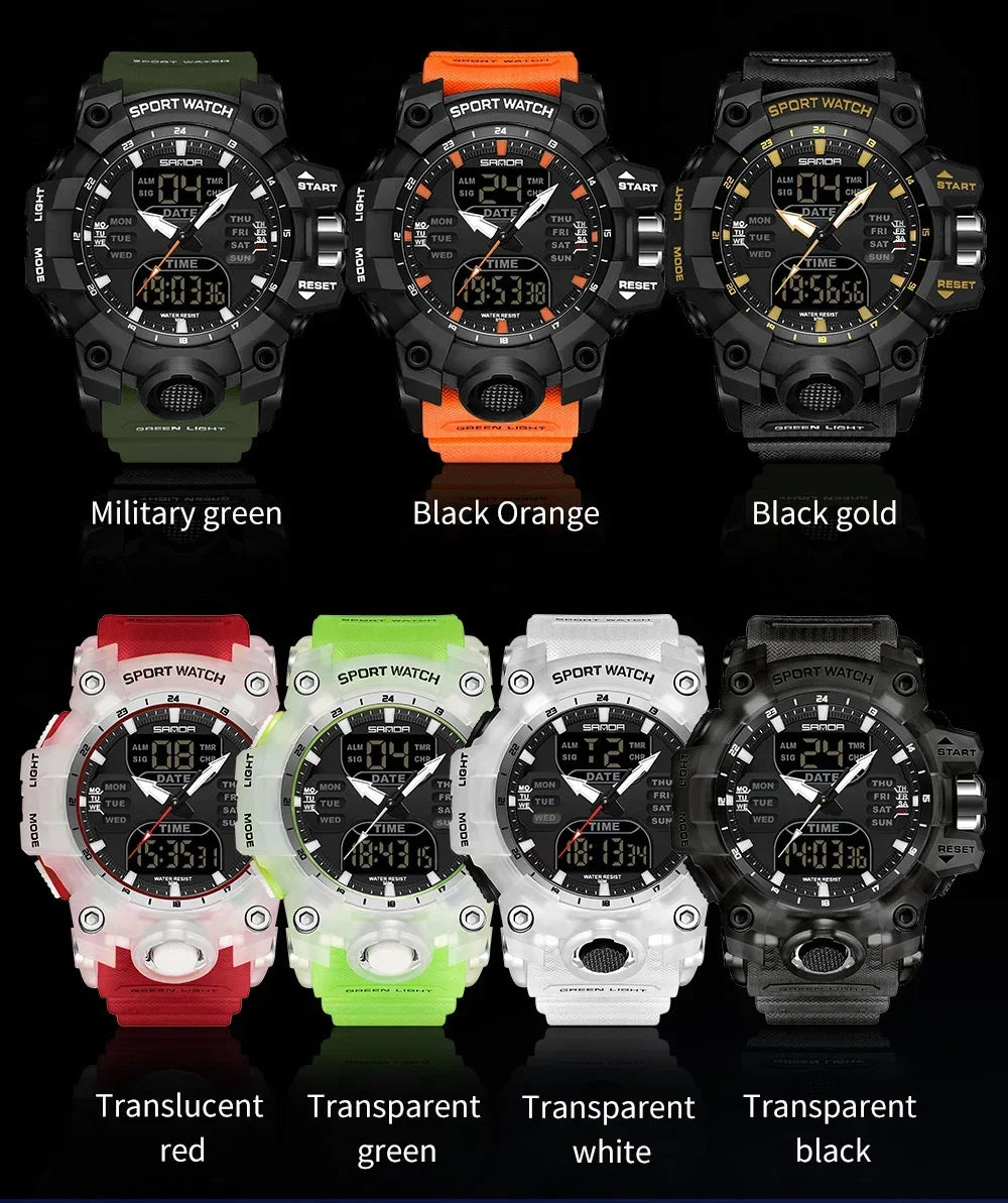 SANDA 6126  Digital Clock Dual Display Men Watches Waterproof Sports Watch Military Man Alarm Stopwatch Quartz Wristwatch Male