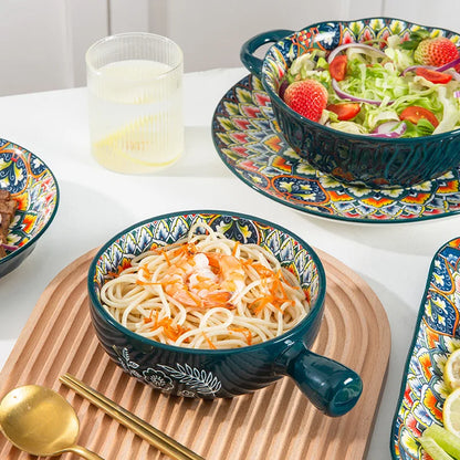 Bohemian Retro Ceramic Dinner Plate Set – Household Tableware with Salad & Soup Bowls