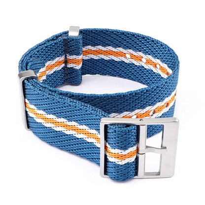 Blue woven belt with orange and white stripes and a silver buckle on a white background