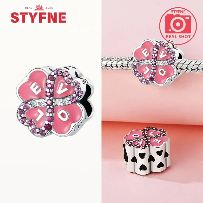 925 Silver Rose Pink Flower Shiny  Zircon Charm Beads For Original Charms Original Bracelet for Women DIY fine Jewelry Gift