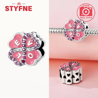 925 Sterling Silver Rose Pink Flower Zircon Charm Bead – DIY Jewelry Gift