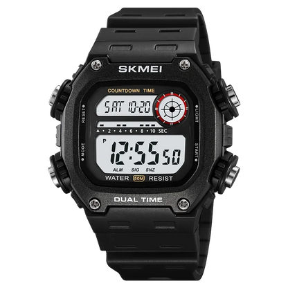 Black digital watch with multiple display options on a white background