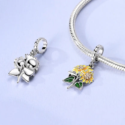 925 Sterling Silver Sunflower & Lucky Stars Charm – Sun Moon Diamond DIY Jewelry