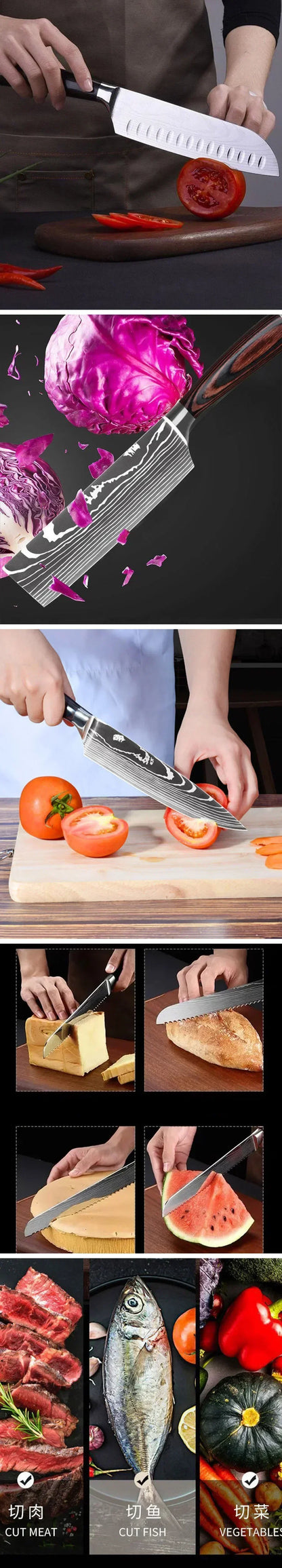 Laser Damascus Kitchen Knife Set – Cleaver, Santoku, Bread, Boning & Kitchen Scissors