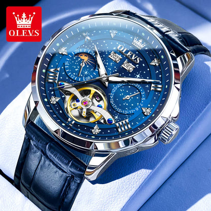 Blue OLEVS watch with detailed face on a blue background