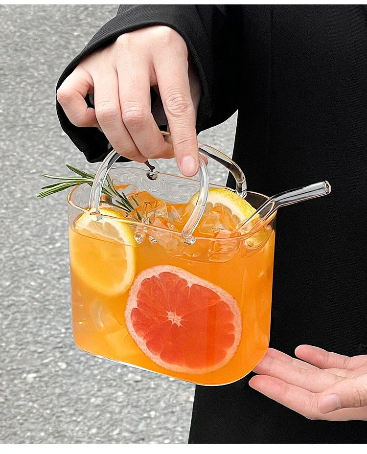 770ML Handbag Glass Beverage Cup with Straw – Cocktail Fruit Tea Juice Mug