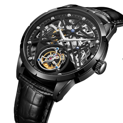 Black skeleton watch with visible mechanical components on a white background