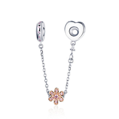 925 Sterling Silver Safety Chain Charm – Heart, Key & Flower CZ Stopper Bead