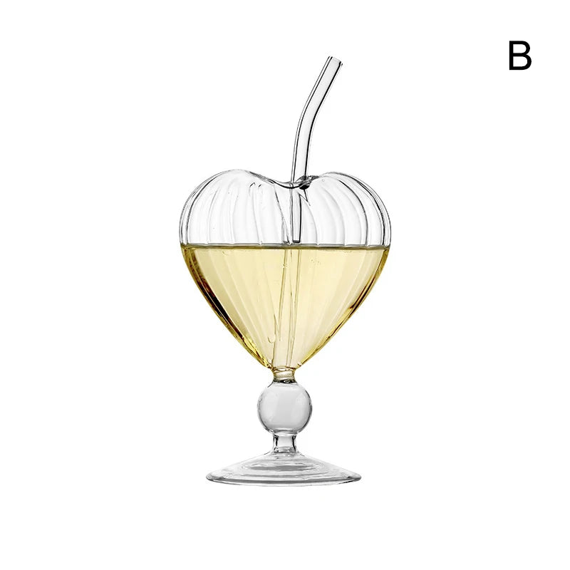 Heart-Shaped Glass Cup with Straw – 220ml Crystal Juice & Wine Glass