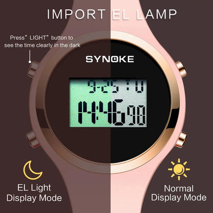 SYNOKE digital watch with EL light display mode feature on a dark background