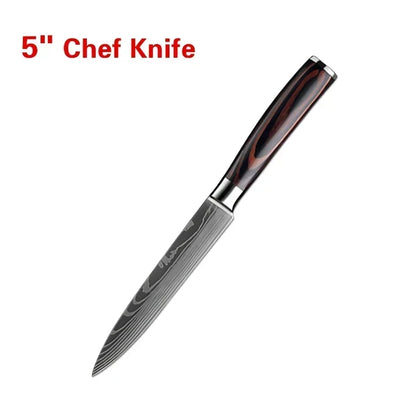 Laser Damascus Kitchen Knife Set – Cleaver, Santoku, Bread, Boning & Kitchen Scissors