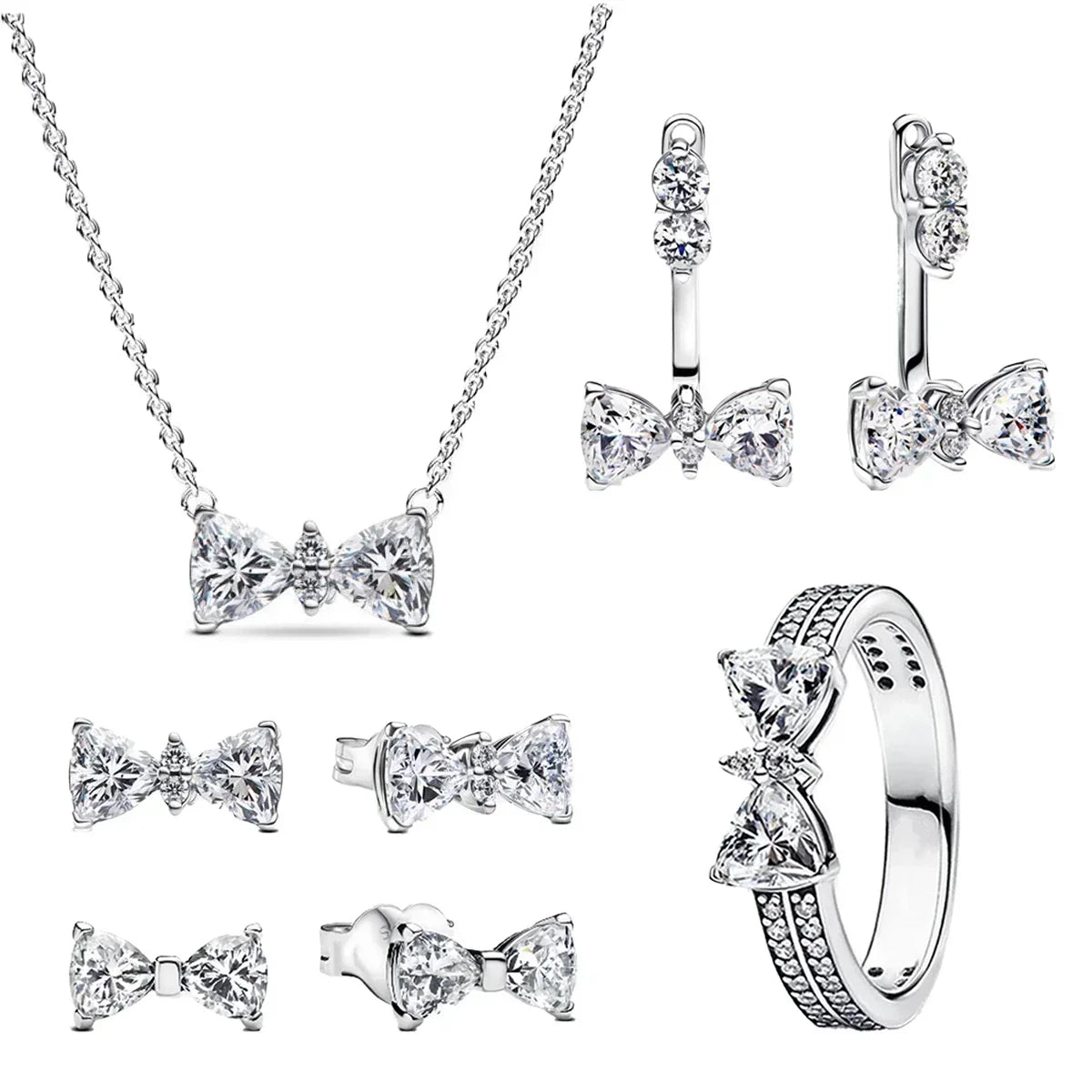 925 Sterling Silver Pink Bow Zircon Jewelry Set – Ring, Earrings, Bracelet & Necklace