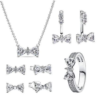 925 Sterling Silver Pink Bow Zircon Jewelry Set – Ring, Earrings, Bracelet & Necklace