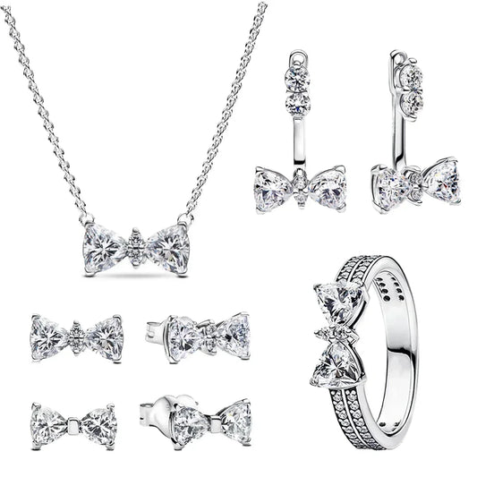 Pink Bow Set Original 925 Sterling Silver Colorful Zircon Ring Earrings Bracelet Necklace Original DIY Women's Jewelry Gift