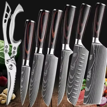 Laser Damascus Kitchen Knife Set – Cleaver, Santoku, Bread, Boning & Kitchen Scissors