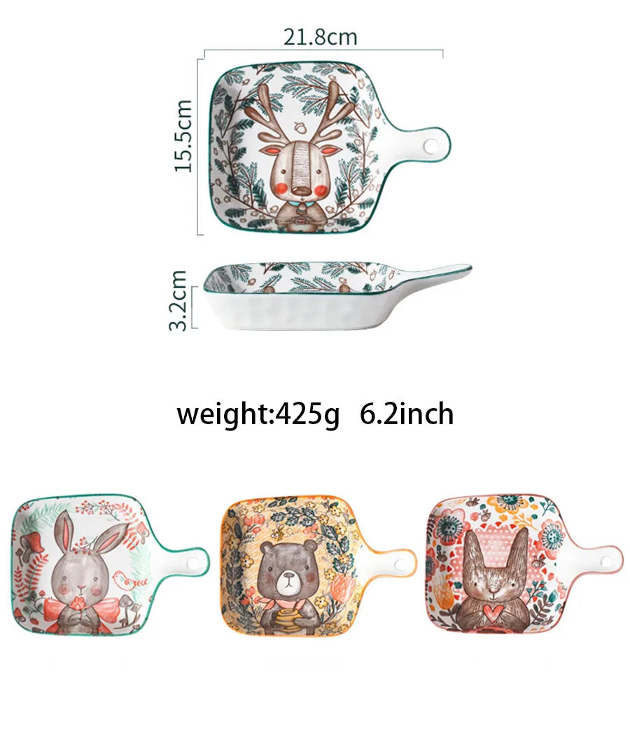Ceramic Bakeware With Handle Forest Animals Baking Pan  Underglaze  Kitchen Tableware Salad Bowl Au Gratin Dishes
