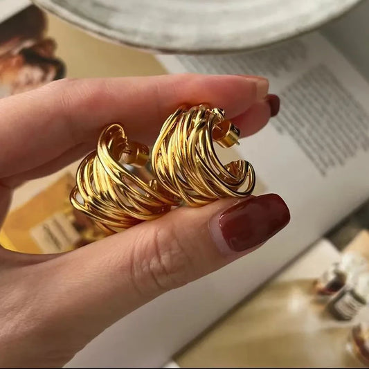 Retro Multi-layer Twist Irregular C Shape Hoop Earrings for Women Girls Gold Color Geometric Ear Buckle Stud Punk Jewelry Gifts