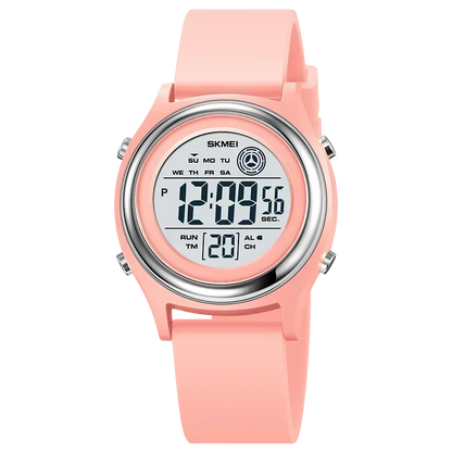 Pink digital watch with a white background