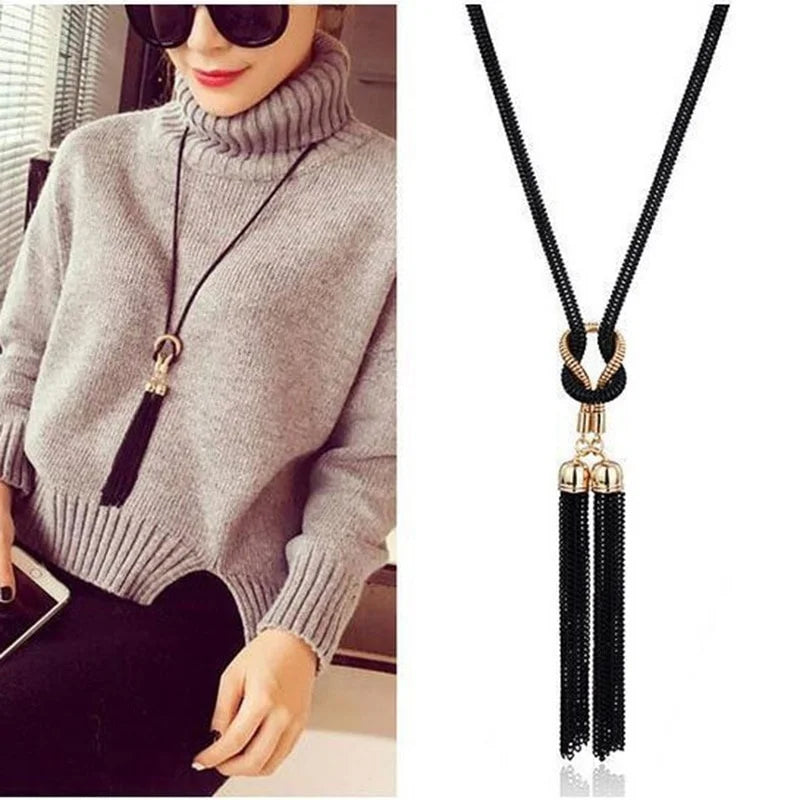 Tassel Geometric Sweater Chain Long Necklace – Trendy Fashion Pendant for Women