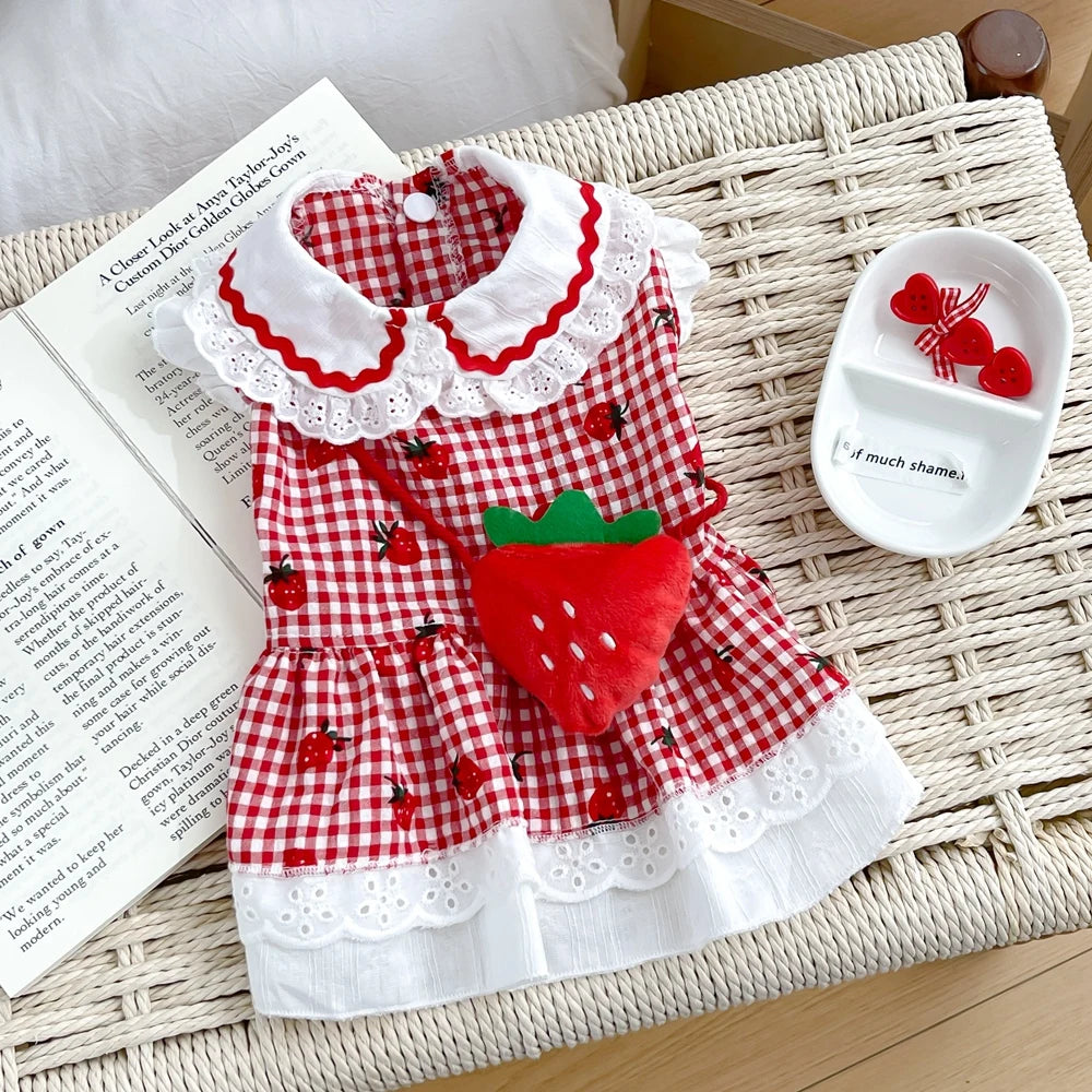 Strawberry Plaid Dog Dress for Small Breeds - Summer Puppy Apparel