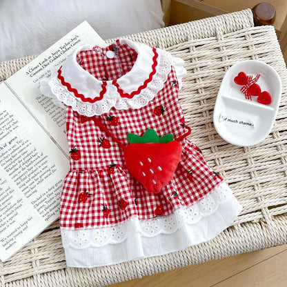 Strawberry Plaid Dog Dress for Small Breeds - Summer Puppy Apparel - BeeTrendyShop.COM