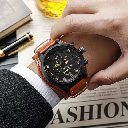 Fashion Retro Men's Quartz Wristwatches Luxury Man Watch PU Leather Business Watch Military Tactical Outdoor Sport Wristwatch - BeeTrendyShop.COM