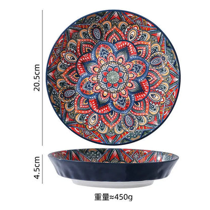 8-Inch Bohemian Ceramic Steak & Dinner Plate – Vintage Floral Dinnerware for Home & Restaurant