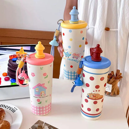 700ML Cute Thermos Bottle with Straw & Infuser – Stainless Steel Tea Cup for Women