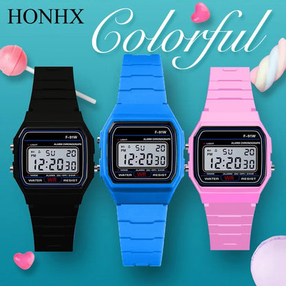 Three digital watches in black, blue, and pink on a teal background with 'HONHX Colorful' text.