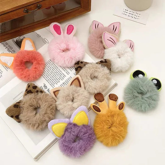 1PC 3D Plush Bunny Ear Hair Ties for Girls & Women