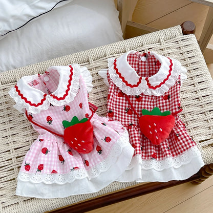 Strawberry Plaid Dog Dress for Small Breeds - Summer Puppy Apparel - BeeTrendyShop.COM