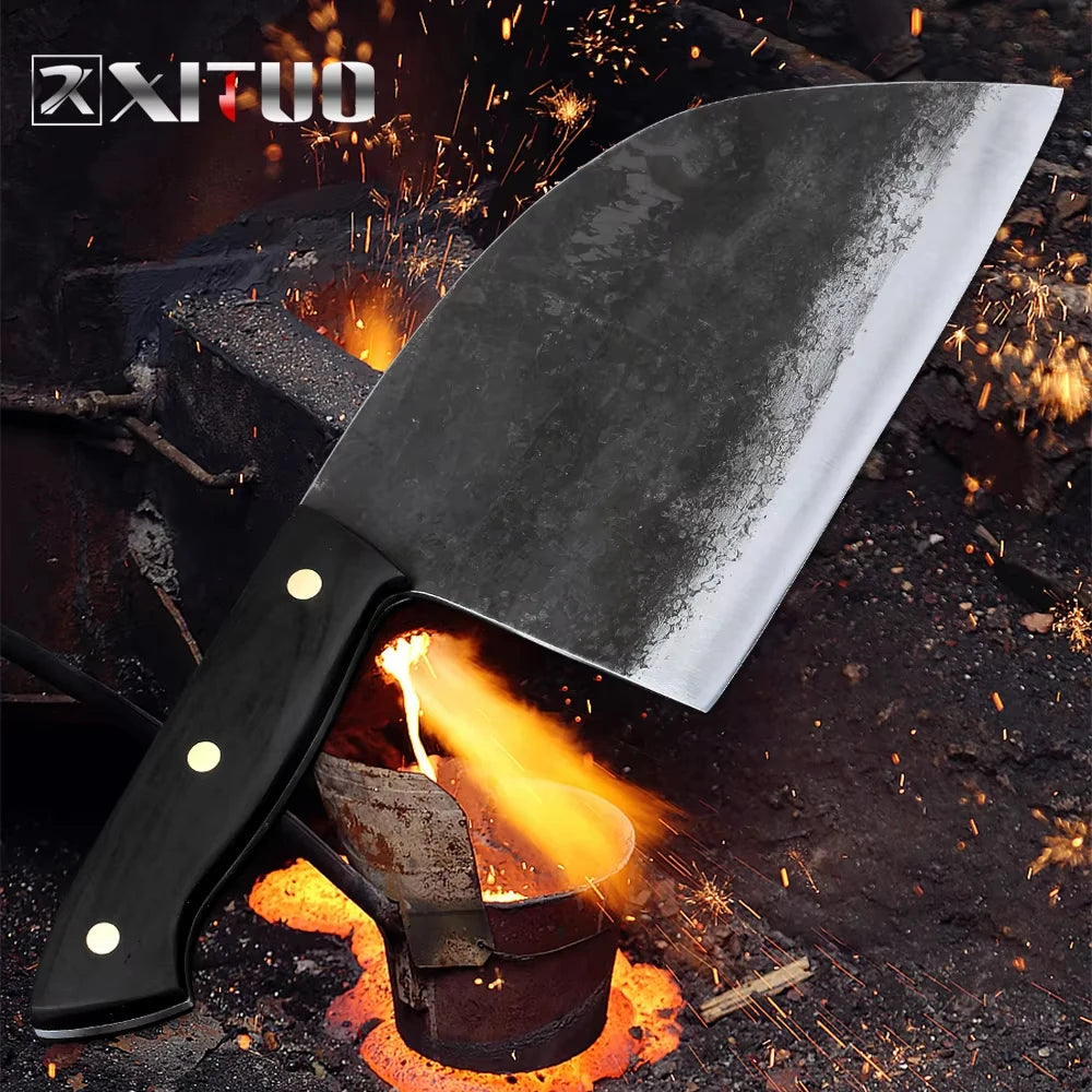 Hand-Forged Professional Butcher Knife Full Tang High-Carbon Steel Sharp Chinese Chef Knife Pork Beef Lamb Poultry Cutting Knife