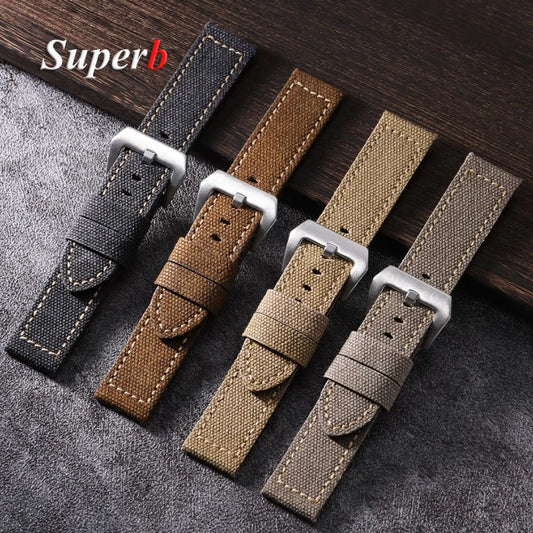 Canvas Leather Watchband for Panerai 20 22 24mm Black Brown Denim Thick Retro Strap Military Watchband Men Women Wristbelt