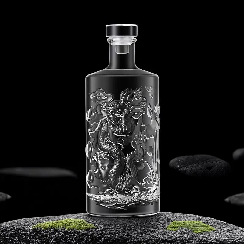 Dragon Pattern Embossed Glass Wine Bottle – 500ml Decorative Liquor Bottle