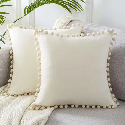 Soft Velvet Decorative Cushion Cover with Pom-Pom Ball – Sofa & Bedroom Pillowcase Blue Pink