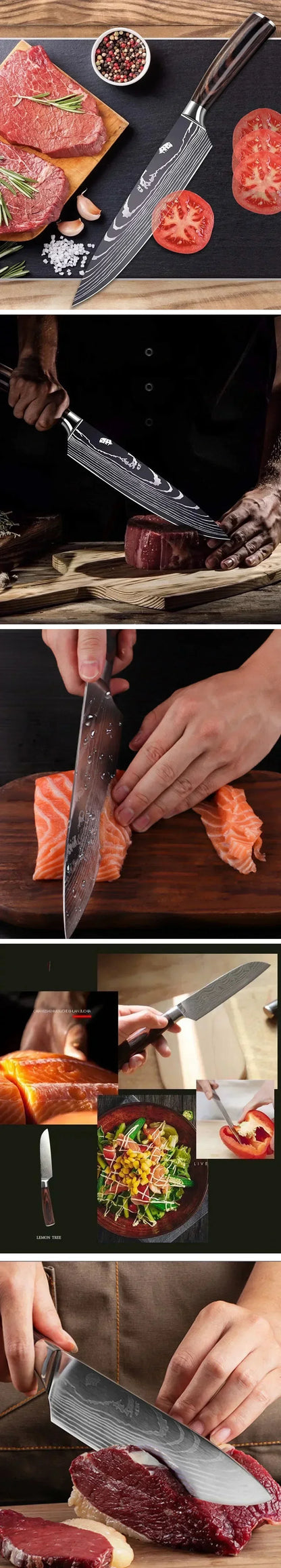 Laser Damascus Kitchen Knife Set – Cleaver, Santoku, Bread, Boning & Kitchen Scissors