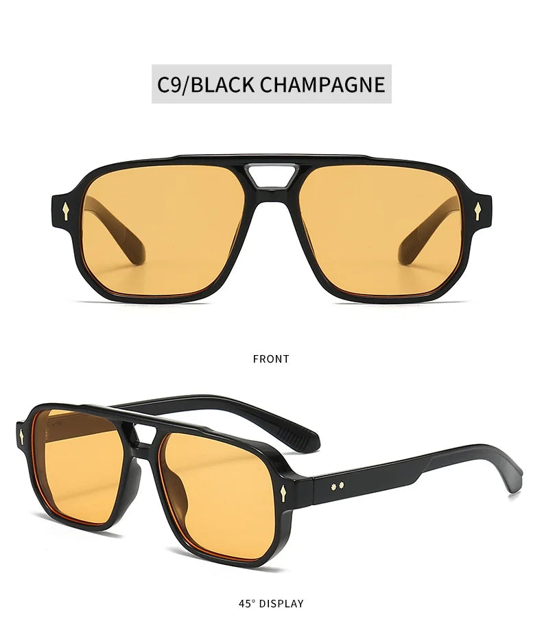 Retro Double Bridge Square Sunglasses – Luxury Rivet Design UV400 Unisex