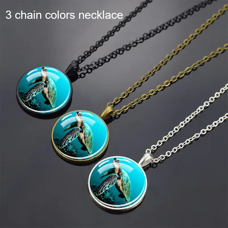 Ocean Marine Animal Glass Dome Pendant Necklace – Sea Turtle, Dolphin & Starfish Long Chain