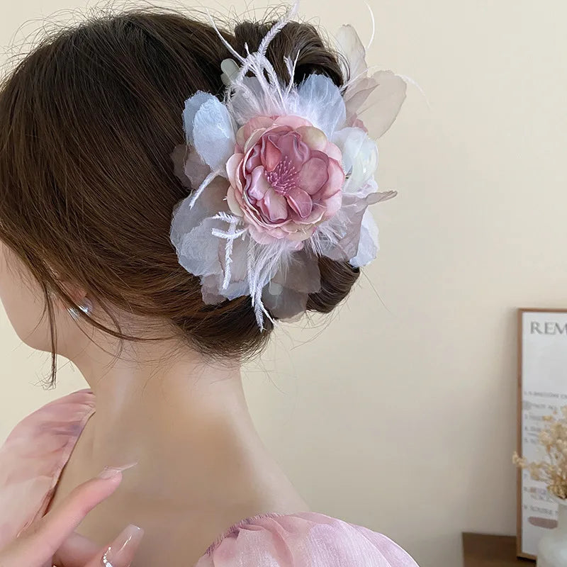 Pink Flower Hair Claw Clip – Sweet Lace Big Hairpin for Women
