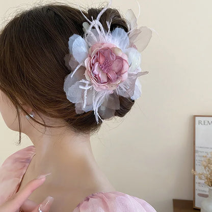 Pink Flower Hair Claw Clip – Sweet Lace Big Hairpin for Women