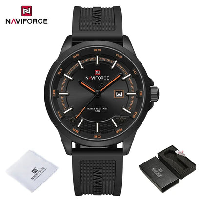 Black Naviforce watch with packaging on a white background